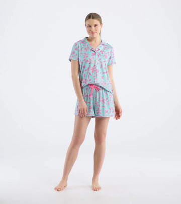 Little Blue House Women's Turquoise Batik Flowers Short Pajama Set In A Bag